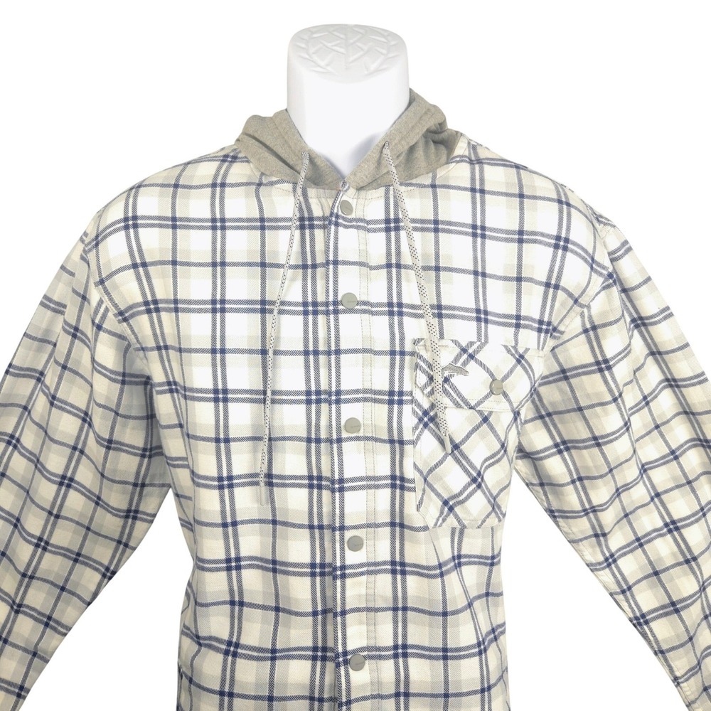 Simms Mens Hooded Flannel Shirt Plaid Snap Front Fishing Jacket White Blue Large